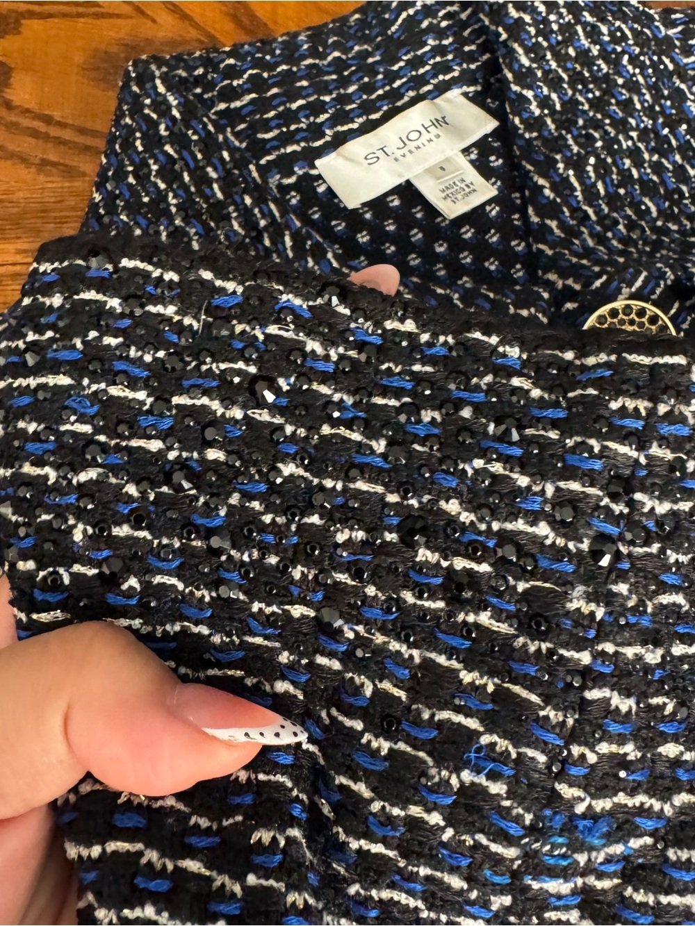 St. John Knits Long Tweed Jacket Dress in black/Cream/blue - Picture 4 of 11